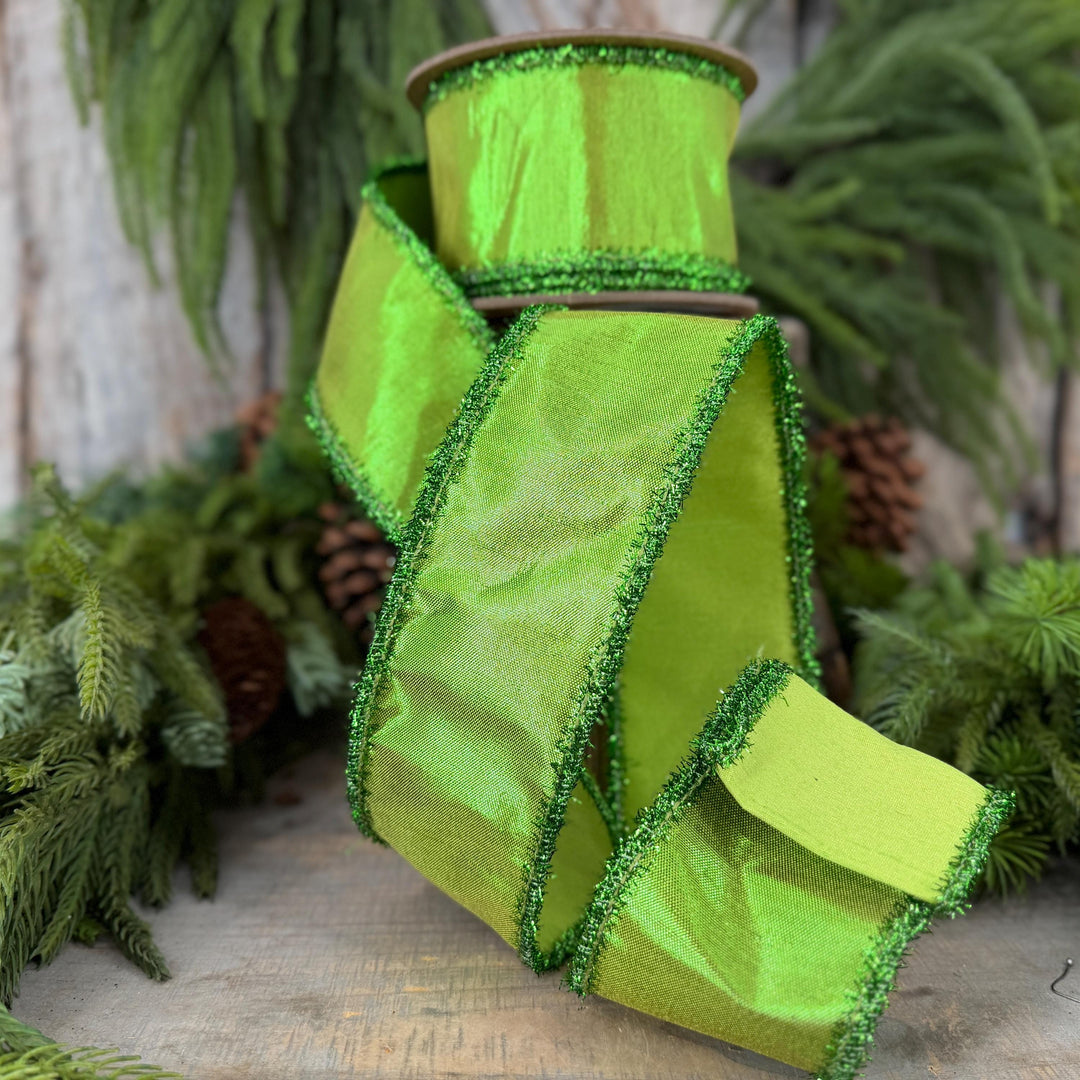 2.5" Metallic Lime Green Dupioni Wired Ribbon with Tinsel Edge, 10 Yard Roll