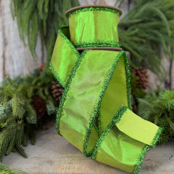 2.5" Metallic Lime Green Dupioni Wired Ribbon with Tinsel Edge, 10 Yard Roll