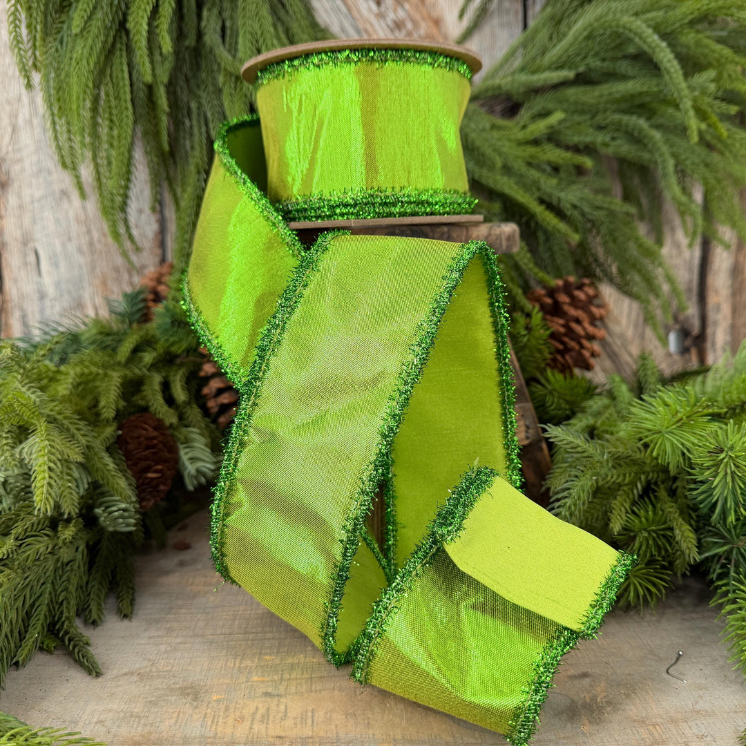 2.5" Metallic Lime Green Dupioni Wired Ribbon with Tinsel Edge, 10 Yard Roll