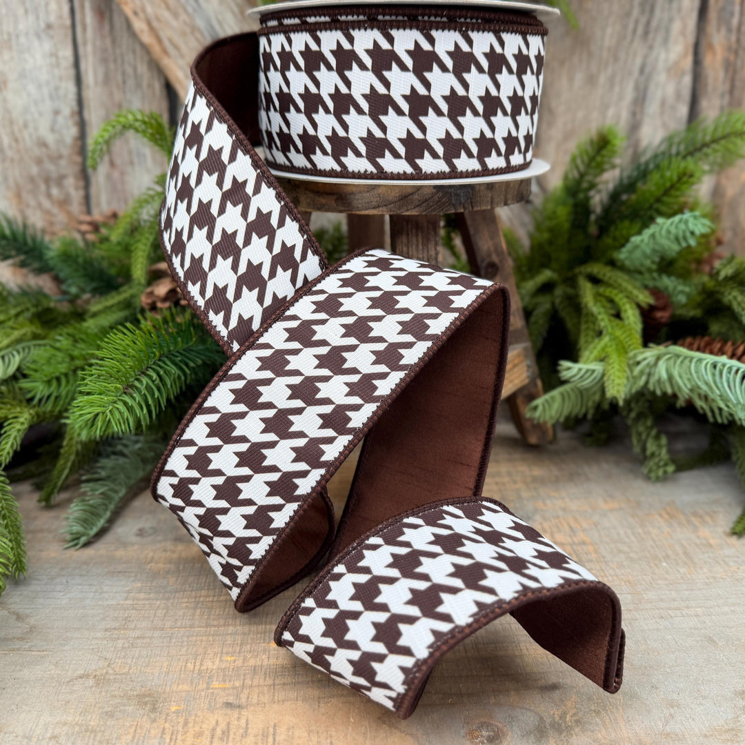 2.5" Brown and White Houndstooth Wired Ribbon – 10 Yards