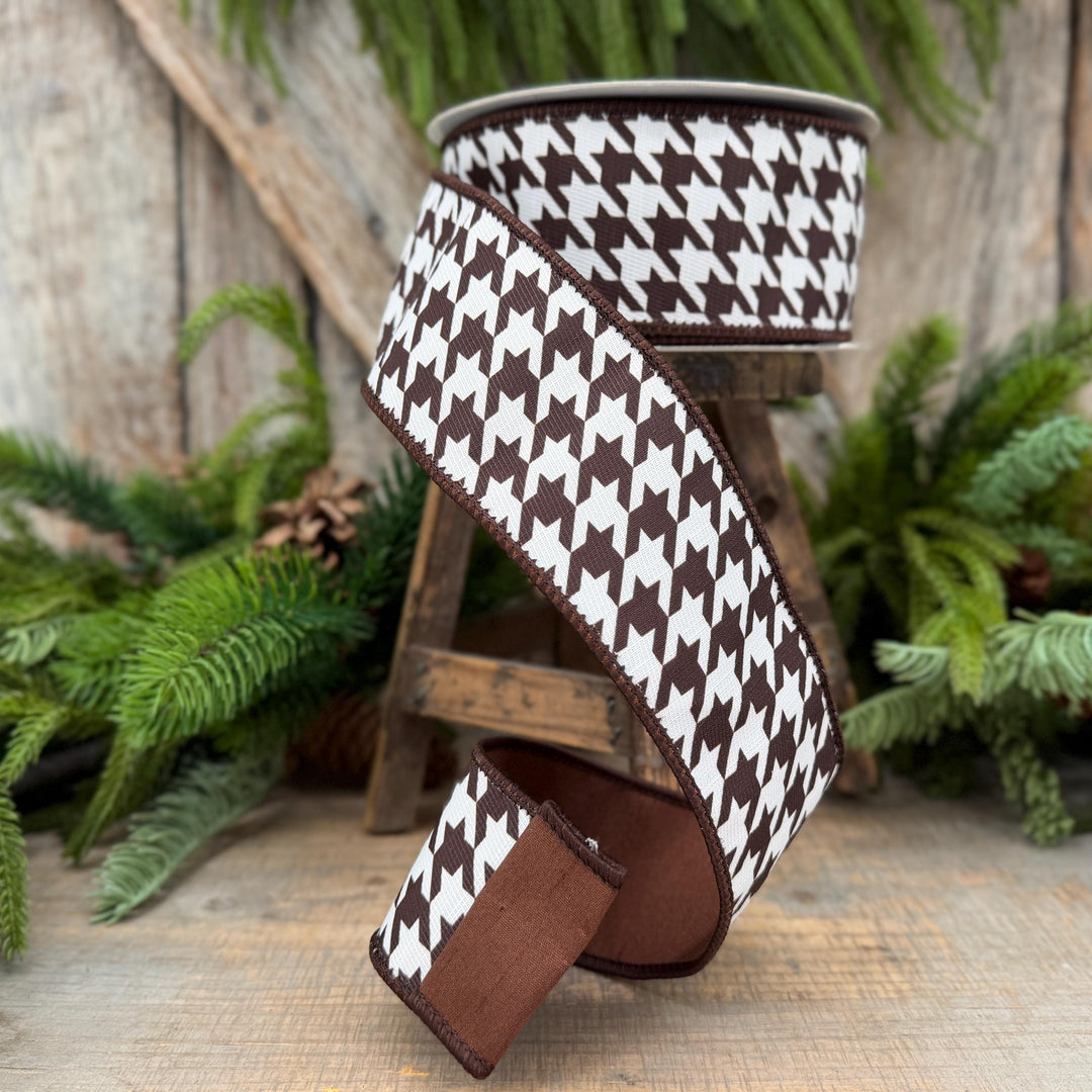 2.5" Brown and White Houndstooth Wired Ribbon – 10 Yards