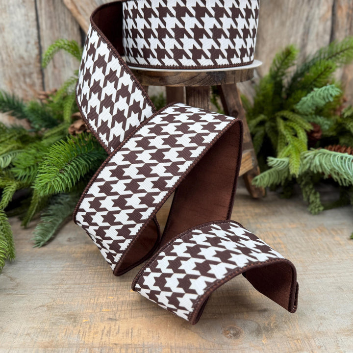 2.5" Brown and White Houndstooth Wired Ribbon – 10 Yards