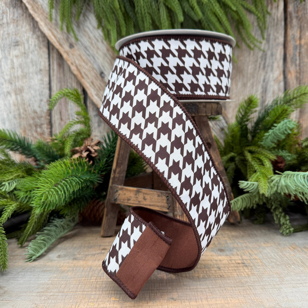 2.5" Brown and White Houndstooth Wired Ribbon – 10 Yards