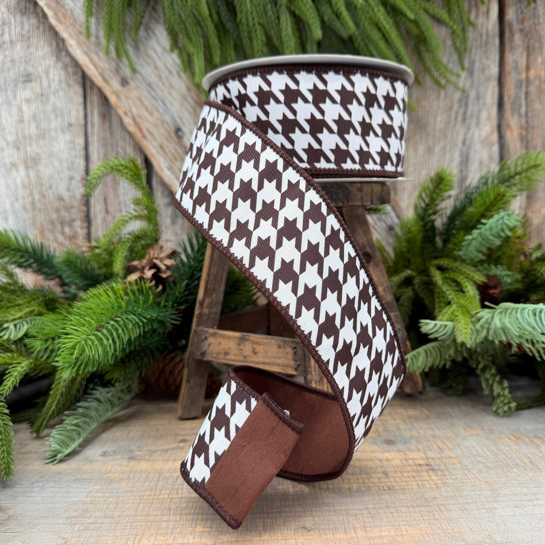 2.5" Brown and White Houndstooth Wired Ribbon – 10 Yards