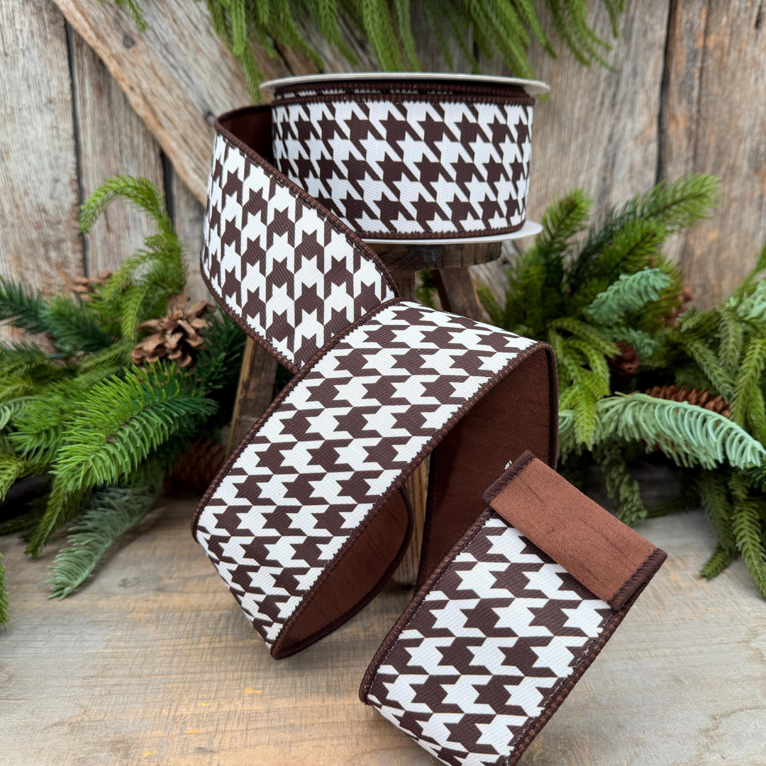 2.5" Brown and White Houndstooth Wired Ribbon – 10 Yards
