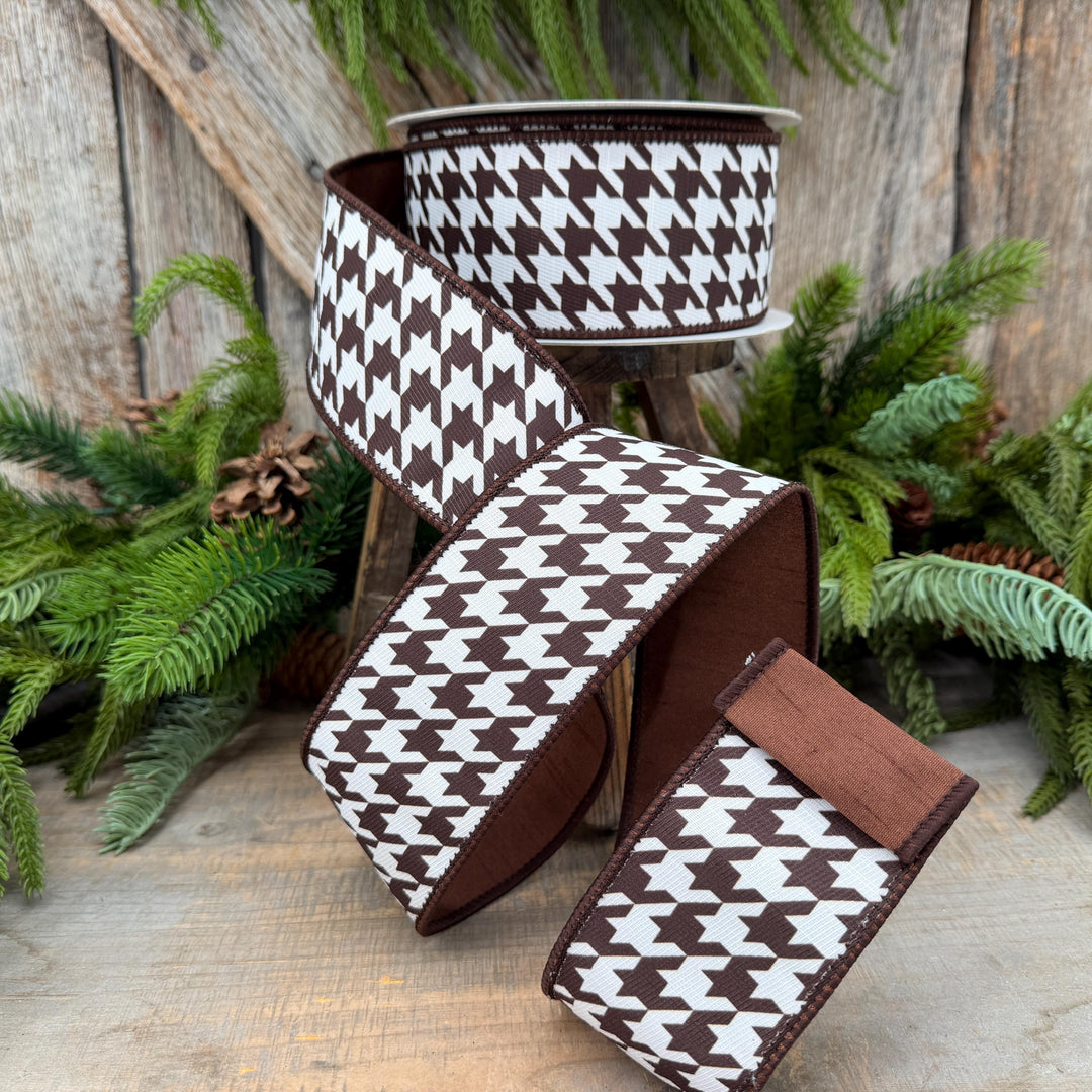 2.5" Brown and White Houndstooth Wired Ribbon – 10 Yards