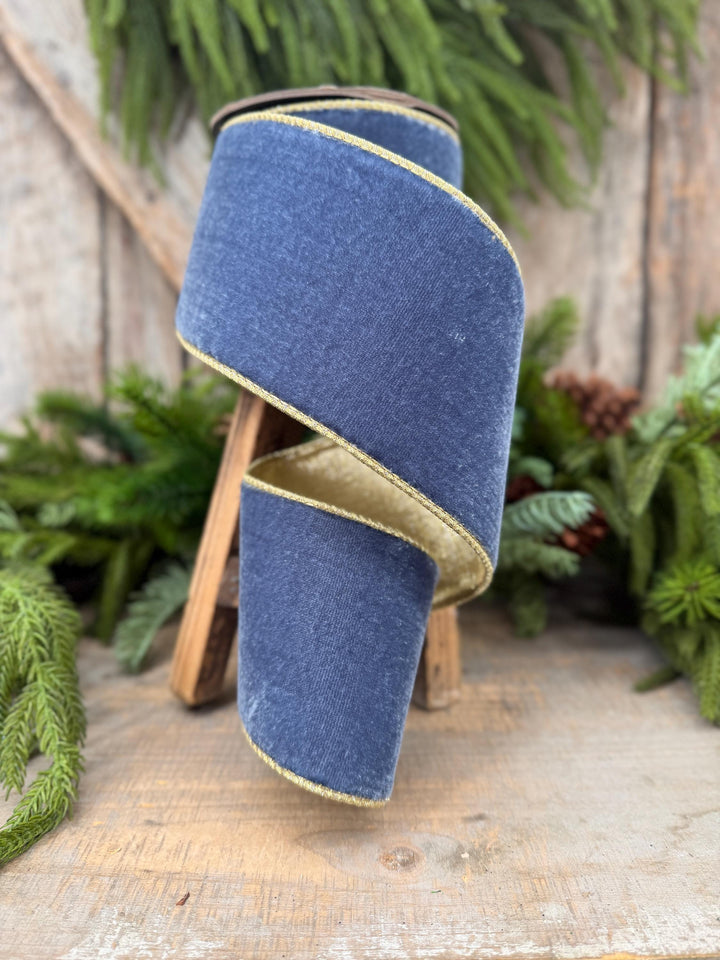 4" Dusty Blue Velvet Wired Ribbon with Gold Backing, Denim Blue