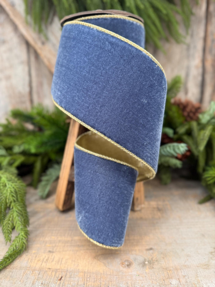 4" Dusty Blue Velvet Wired Ribbon with Gold Backing, Denim Blue