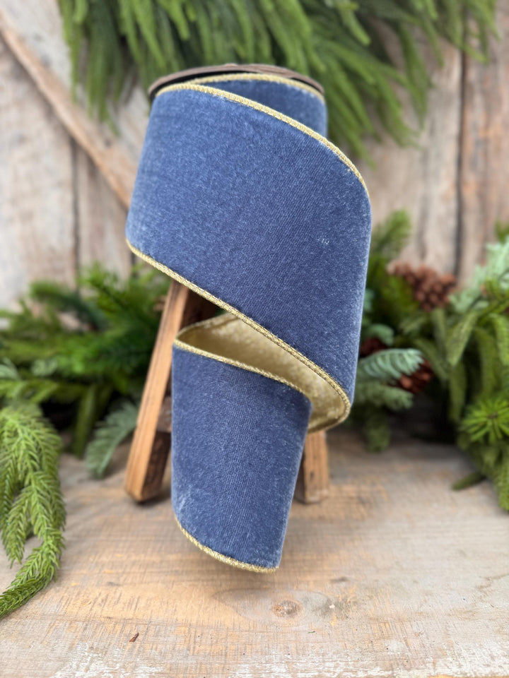 4" Dusty Blue Velvet Wired Ribbon with Gold Backing, Denim Blue