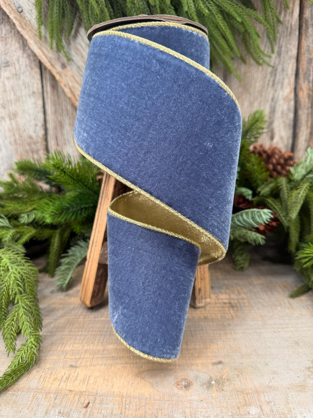 4" Dusty Blue Velvet Wired Ribbon with Gold Backing, Denim Blue