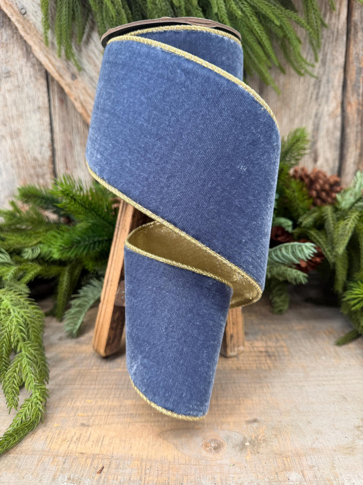 4" Dusty Blue Velvet Wired Ribbon with Gold Backing, Denim Blue