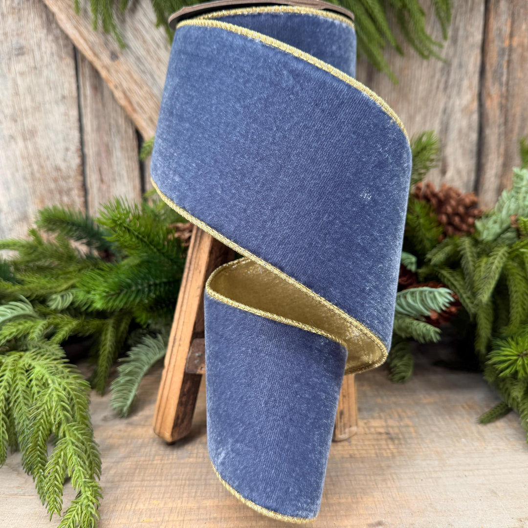 4" Dusty Blue Velvet Wired Ribbon with Gold Backing, Denim Blue