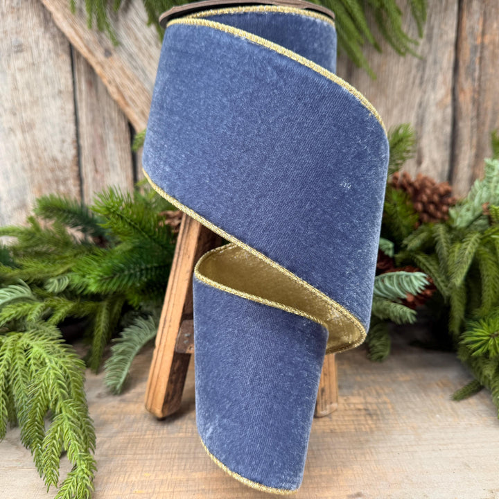 4" Dusty Blue Velvet Wired Ribbon with Gold Backing, Denim Blue