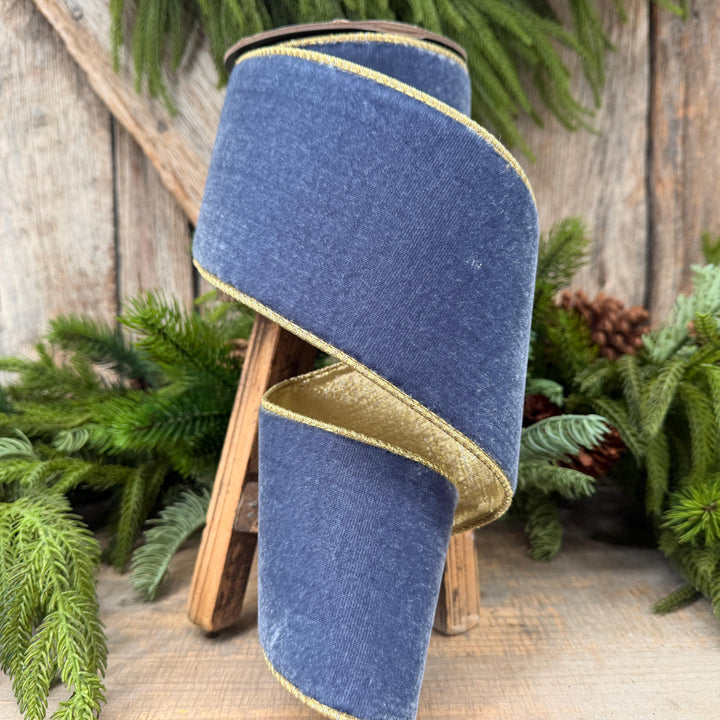 4" Dusty Blue Velvet Wired Ribbon with Gold Backing, Denim Blue
