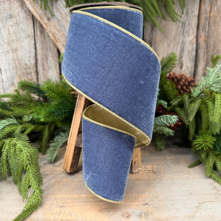 4" Dusty Blue Velvet Wired Ribbon with Gold Backing, Denim Blue