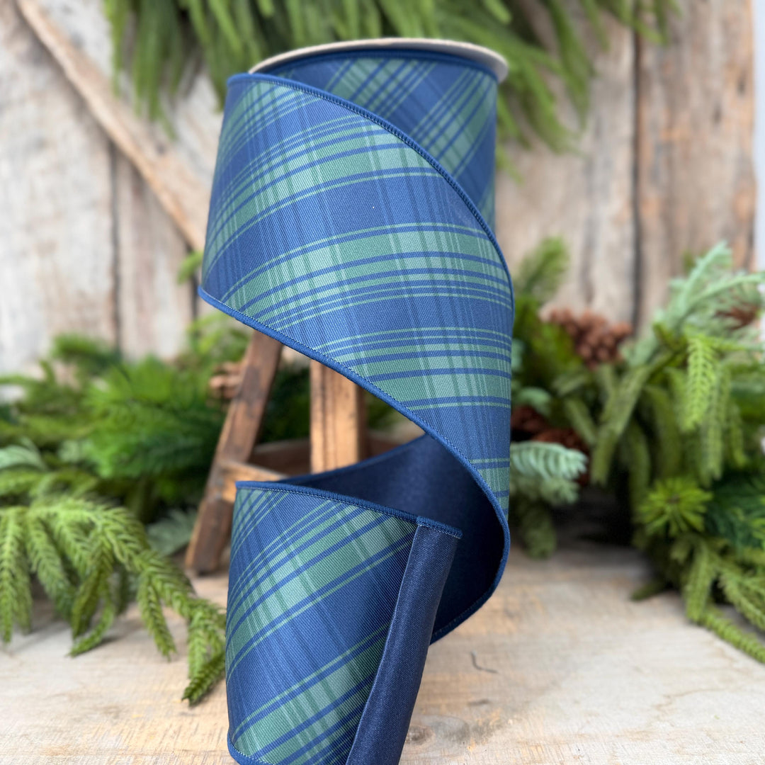 4" Blue Green Christmas Plaid Ribbon, Black Watch Plaid Ribbon, Navy Blue Plaid