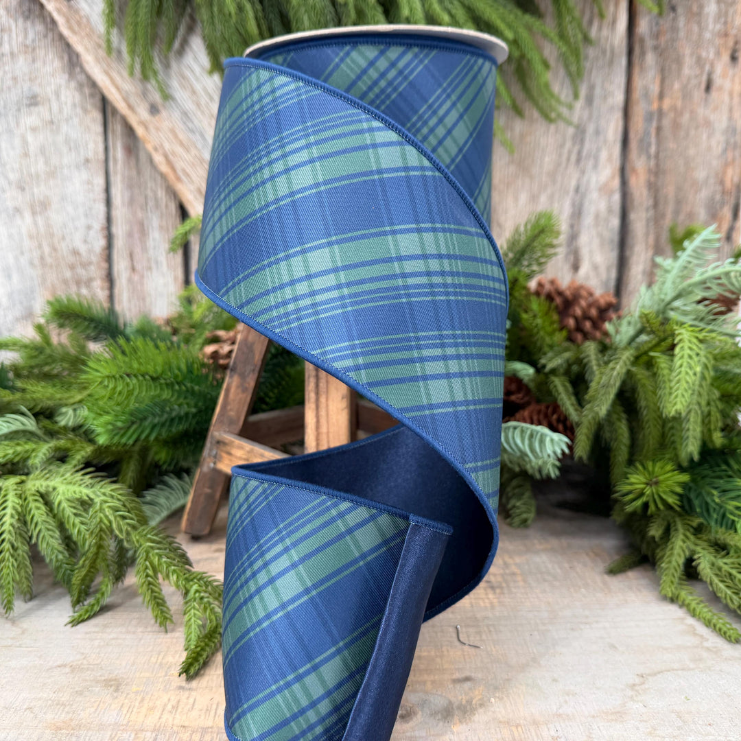 4" Blue Green Christmas Plaid Ribbon, Black Watch Plaid Ribbon, Navy Blue Plaid