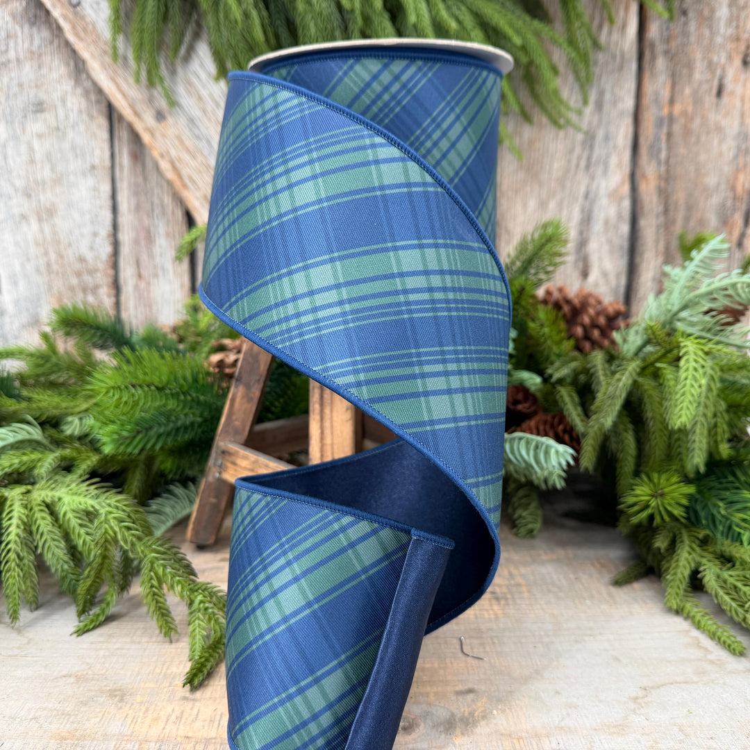 4" Blue Green Christmas Plaid Ribbon, Black Watch Plaid Ribbon, Navy Blue Plaid