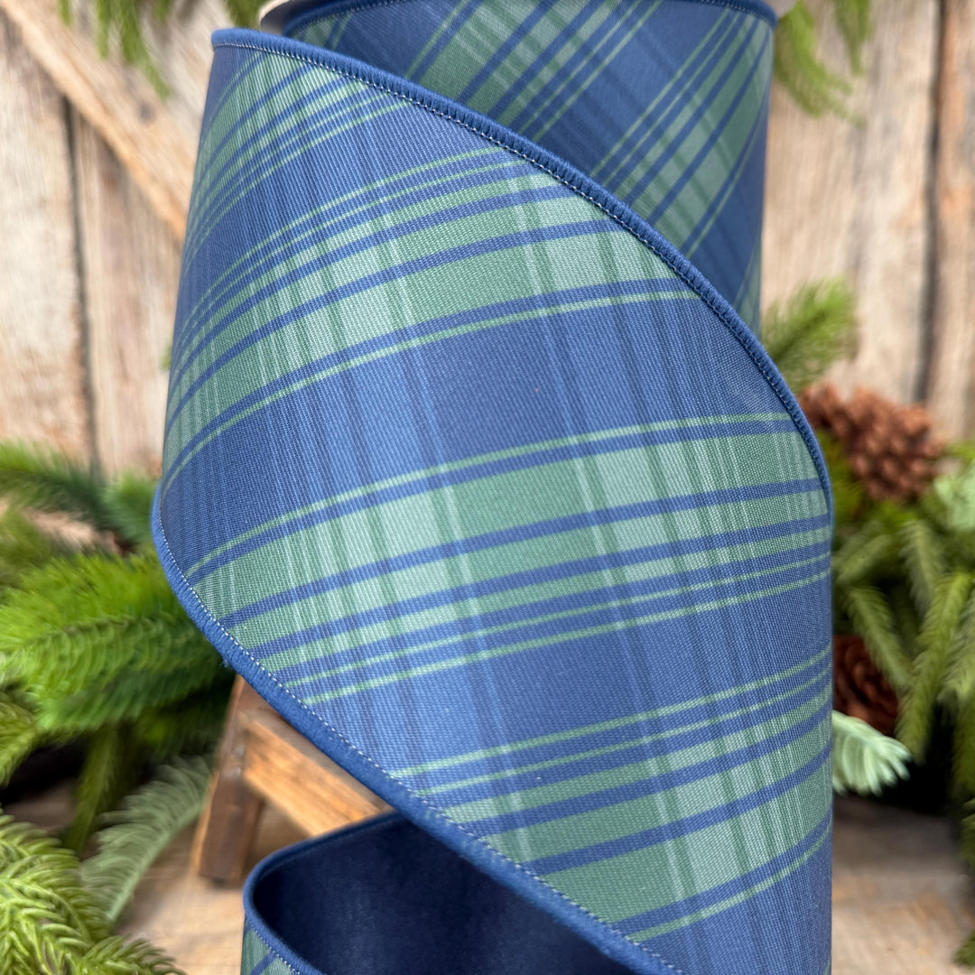 4" Blue Green Christmas Plaid Ribbon, Black Watch Plaid Ribbon, Navy Blue Plaid
