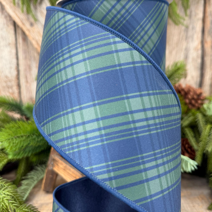 4" Blue Green Christmas Plaid Ribbon, Black Watch Plaid Ribbon, Navy Blue Plaid