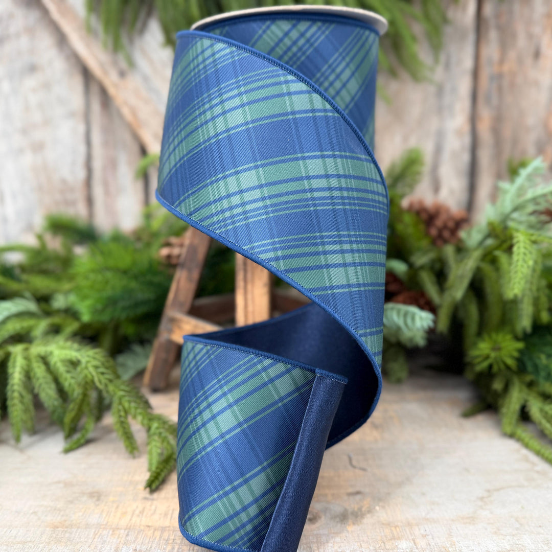 4" Blue Green Christmas Plaid Ribbon, Black Watch Plaid Ribbon, Navy Blue Plaid