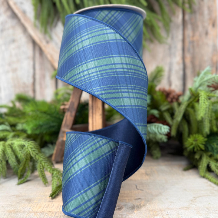 4" Blue Green Christmas Plaid Ribbon, Black Watch Plaid Ribbon, Navy Blue Plaid