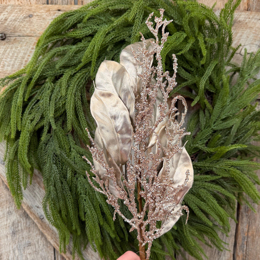 24" Champagne Metallic Magnolia Leaf Spray with Glittered Branches