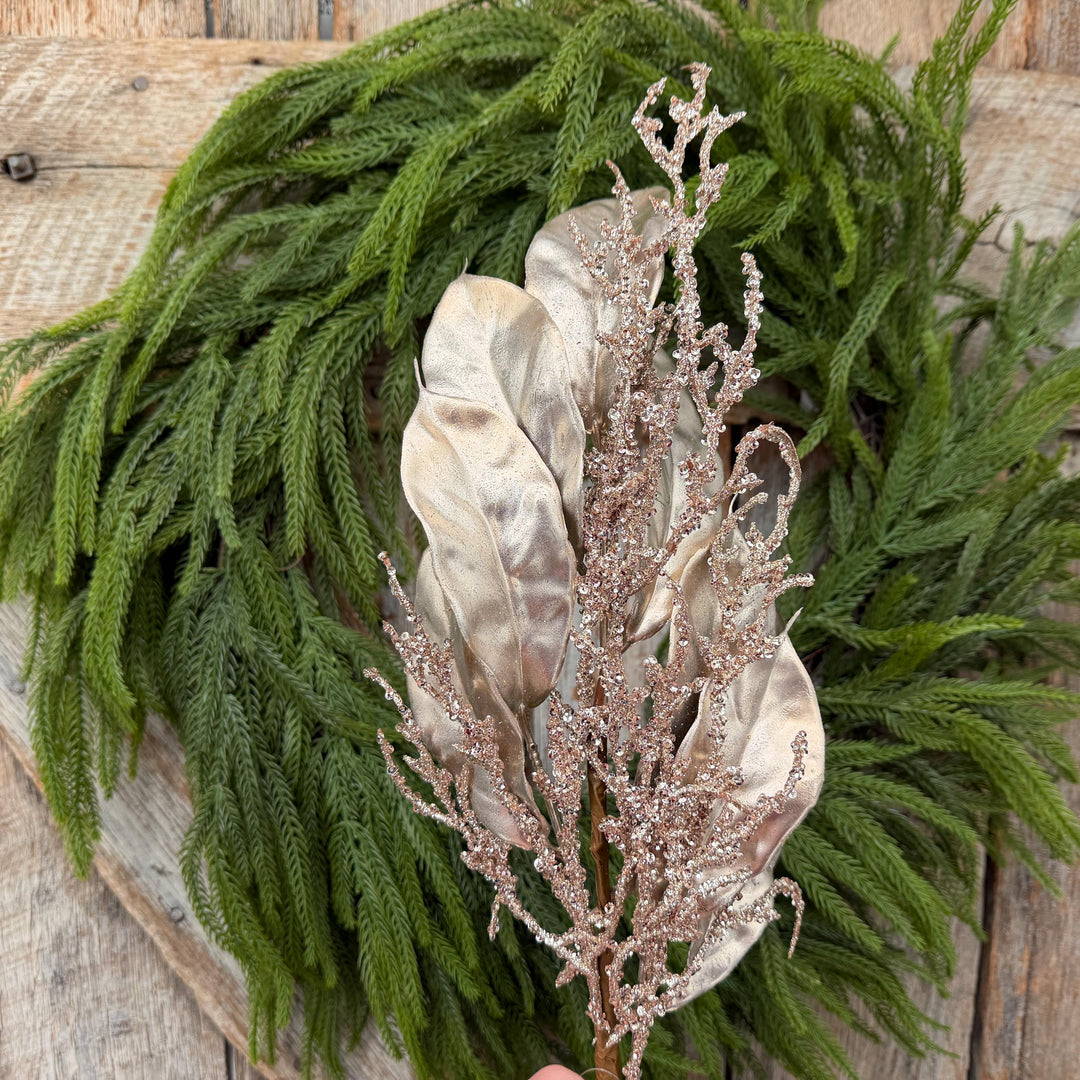 24" Champagne Metallic Magnolia Leaf Spray with Glittered Branches