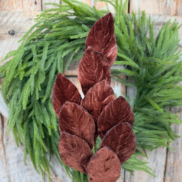 30" Chocolate Brown Velvet Magnolia Leaf Spray with Glittered Edges