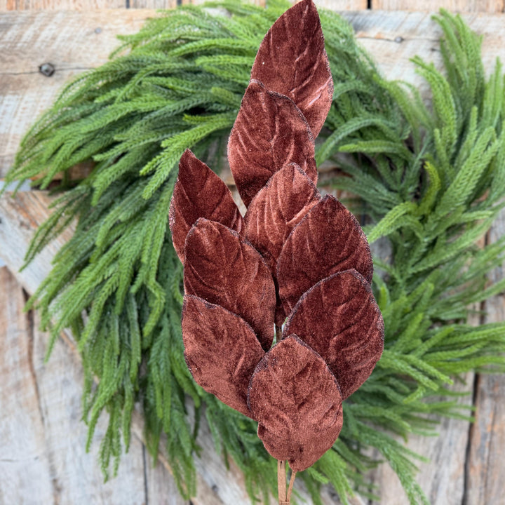 30" Chocolate Brown Velvet Magnolia Leaf Spray with Glittered Edges