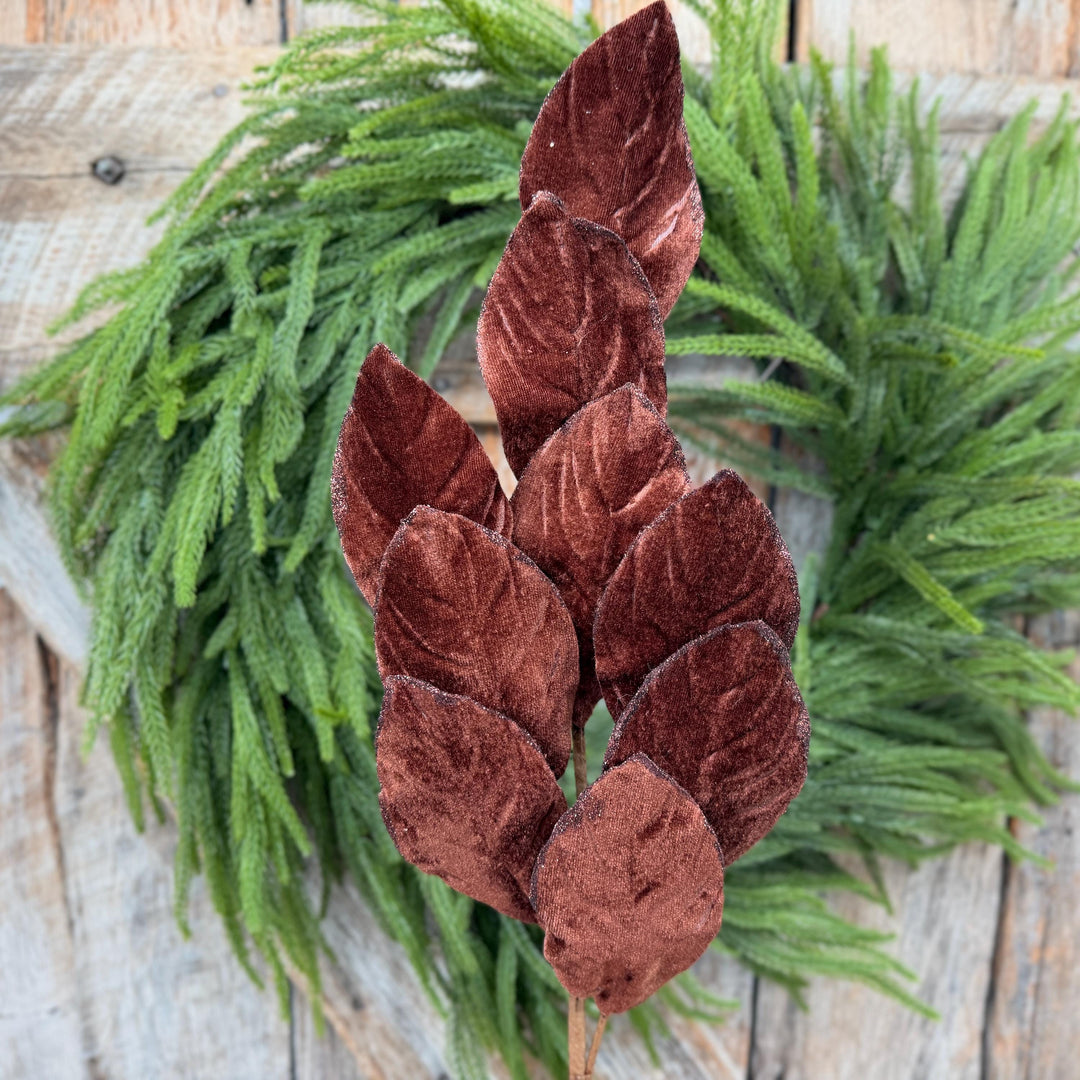 30" Chocolate Brown Velvet Magnolia Leaf Spray with Glittered Edges
