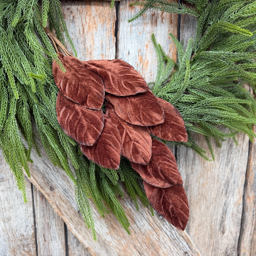 30" Chocolate Brown Velvet Magnolia Leaf Spray with Glittered Edges