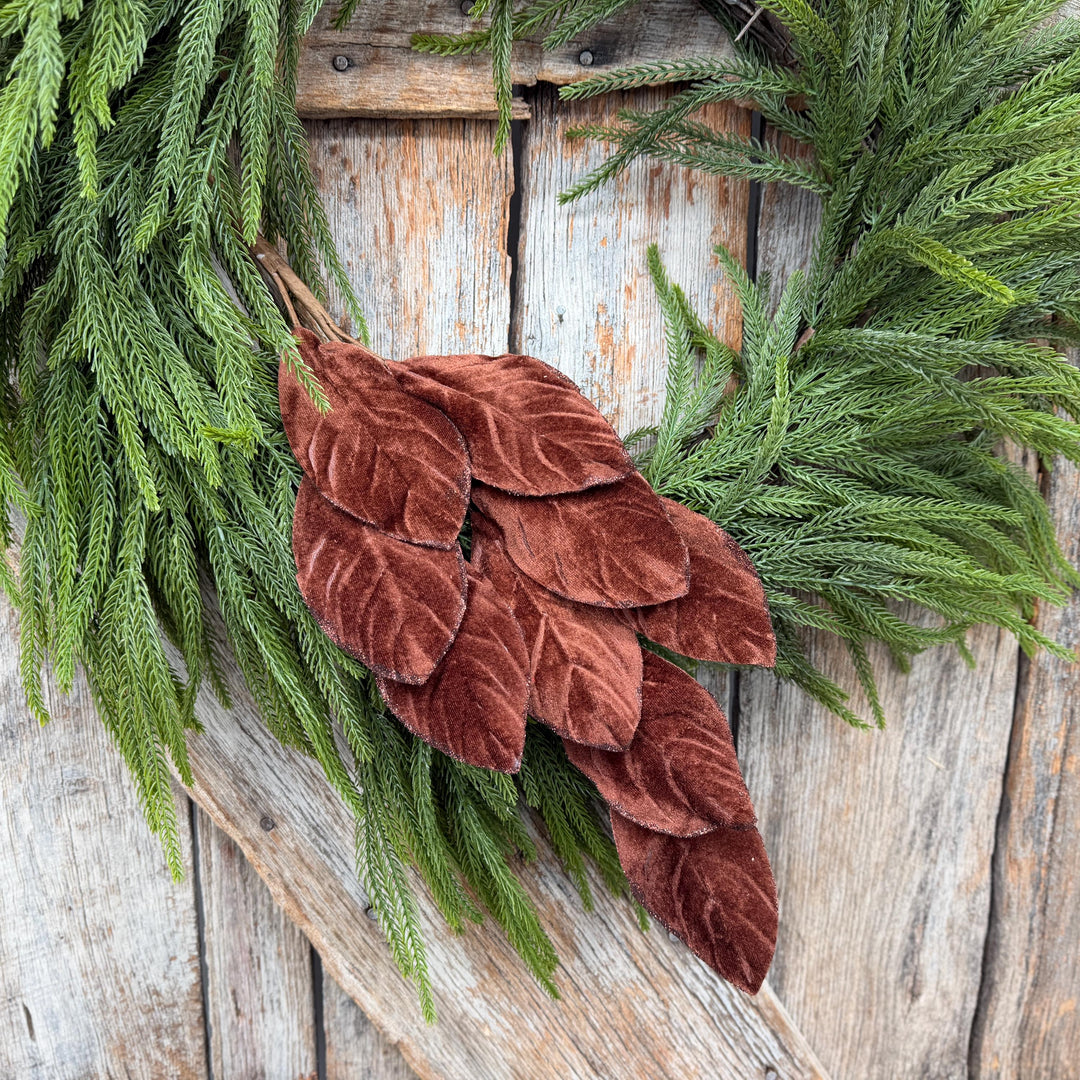 30" Chocolate Brown Velvet Magnolia Leaf Spray with Glittered Edges