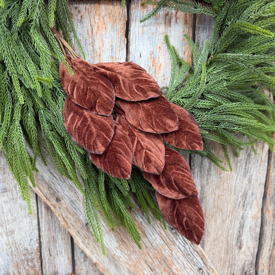 30" Chocolate Brown Velvet Magnolia Leaf Spray with Glittered Edges