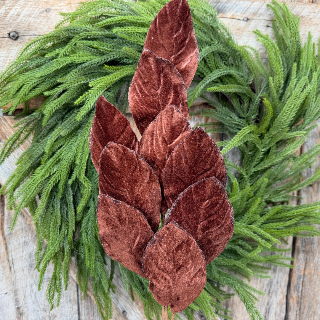 30" Chocolate Brown Velvet Magnolia Leaf Spray with Glittered Edges