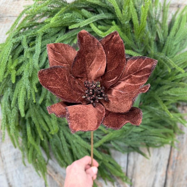 22" Chocolate Brown Velvet Poinsettia Stem