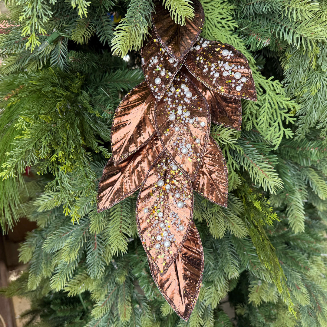 29" Chocolate Pearl Leaf Spray, Pearl Glitter Christmas Pick, Holiday Wreath Filler