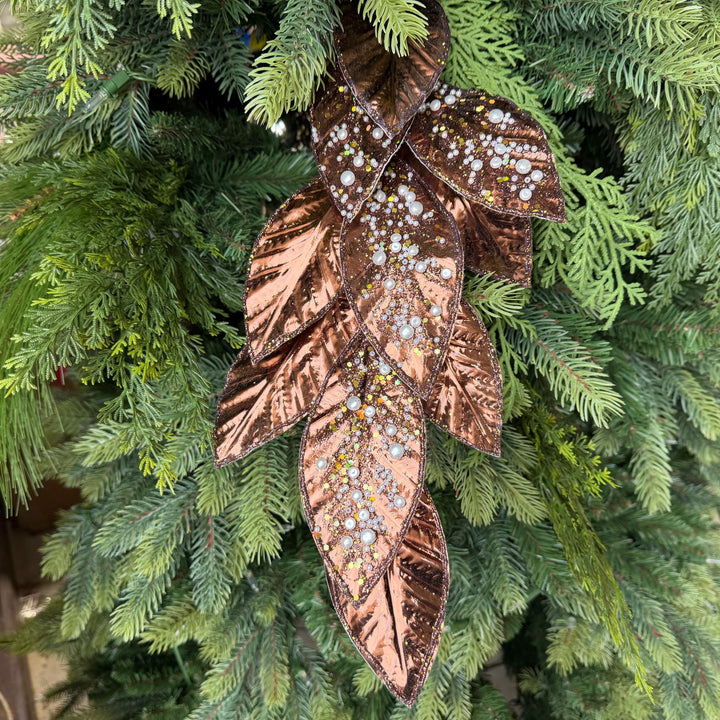 29" Chocolate Pearl Leaf Spray, Pearl Glitter Christmas Pick, Holiday Wreath Filler