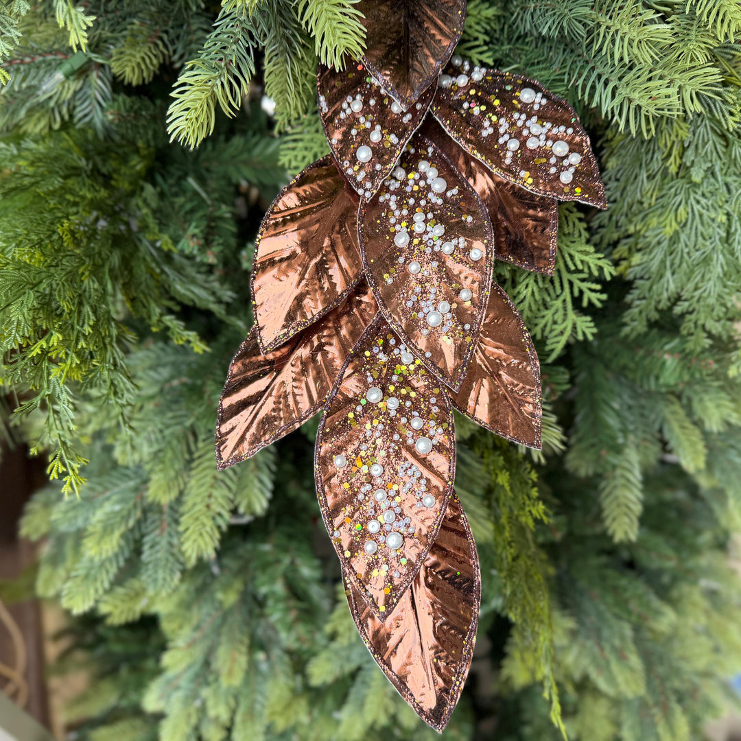 29" Chocolate Pearl Leaf Spray, Pearl Glitter Christmas Pick, Holiday Wreath Filler