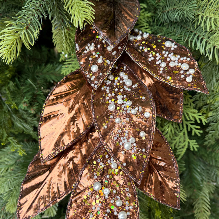 29" Chocolate Pearl Leaf Spray, Pearl Glitter Christmas Pick, Holiday Wreath Filler