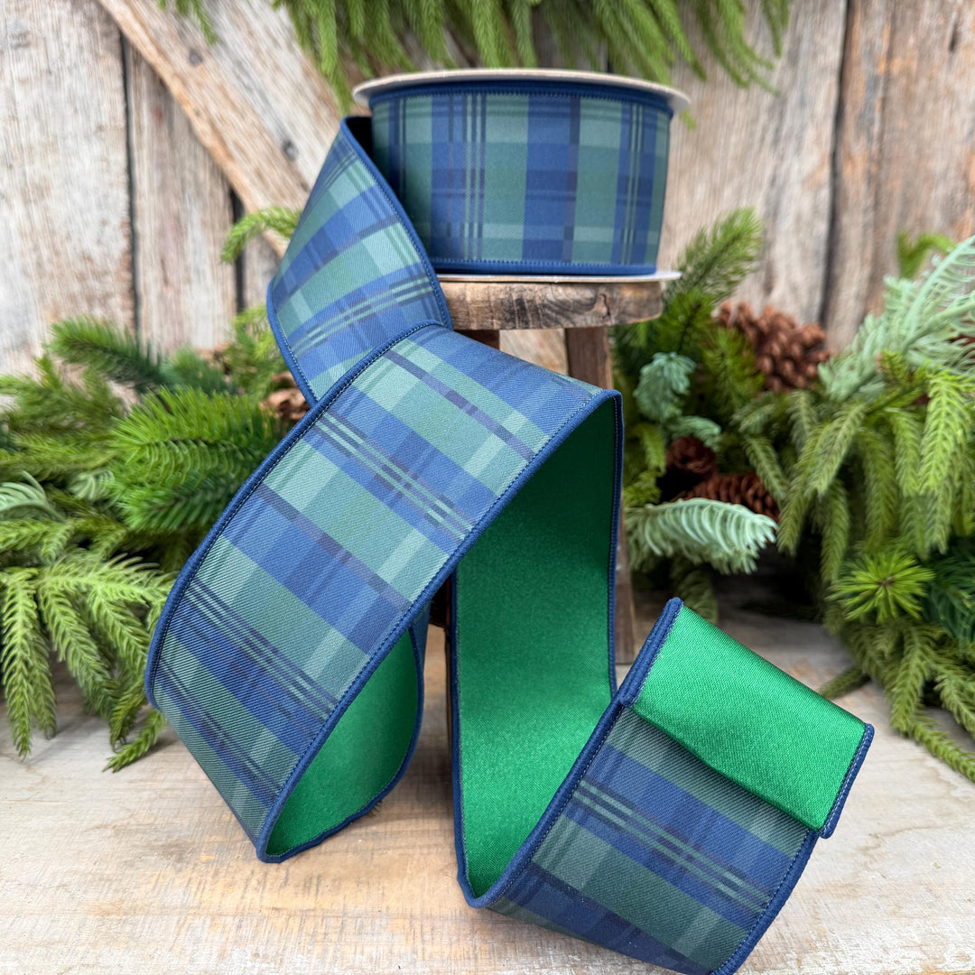 2.5" Blue Green Christmas Plaid Ribbon, Black Watch Plaid Ribbon, Navy Blue Plaid
