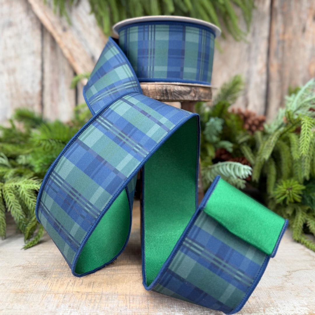 2.5" Blue Green Christmas Plaid Ribbon, Black Watch Plaid Ribbon, Navy Blue Plaid