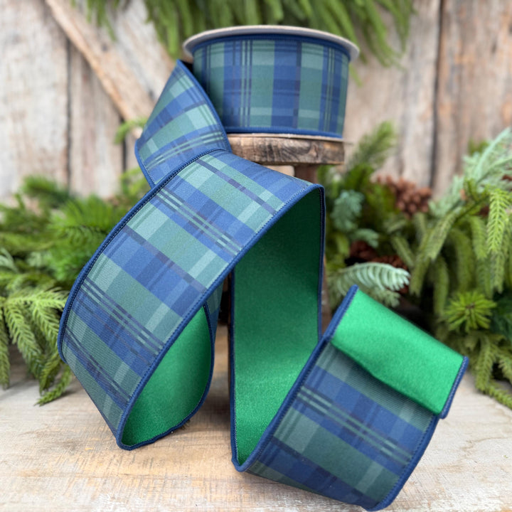 2.5" Blue Green Christmas Plaid Ribbon, Black Watch Plaid Ribbon, Navy Blue Plaid