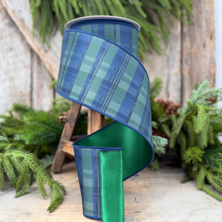 4" Blue Green Christmas Plaid Ribbon, Black Watch Plaid Ribbon, Navy Blue Plaid