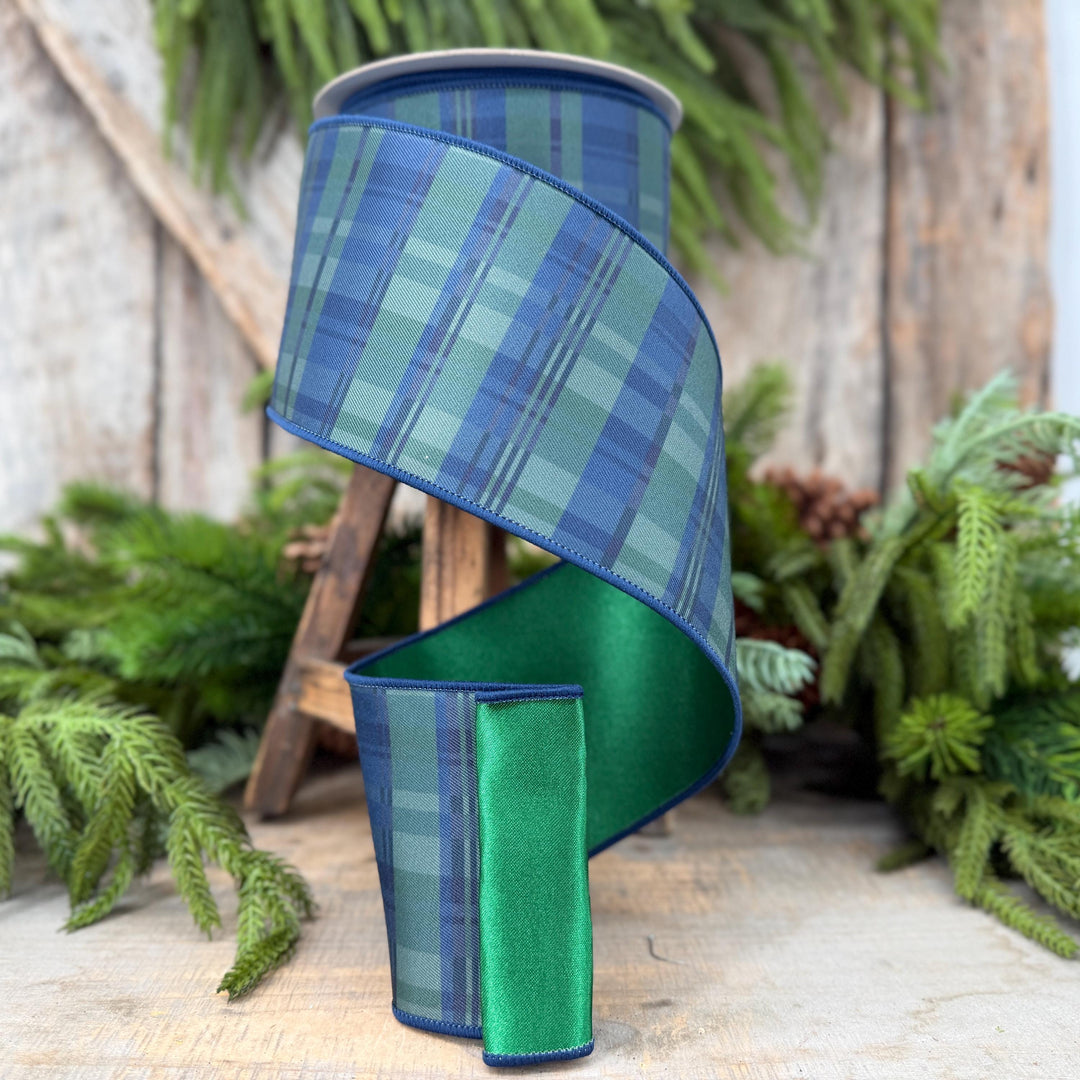 4" Blue Green Christmas Plaid Ribbon, Black Watch Plaid Ribbon, Navy Blue Plaid