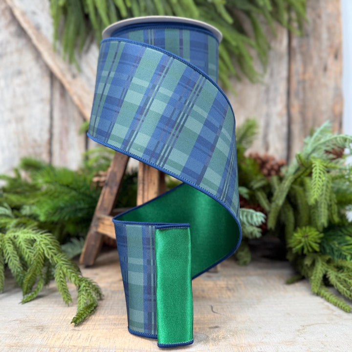 4" Blue Green Christmas Plaid Ribbon, Black Watch Plaid Ribbon, Navy Blue Plaid