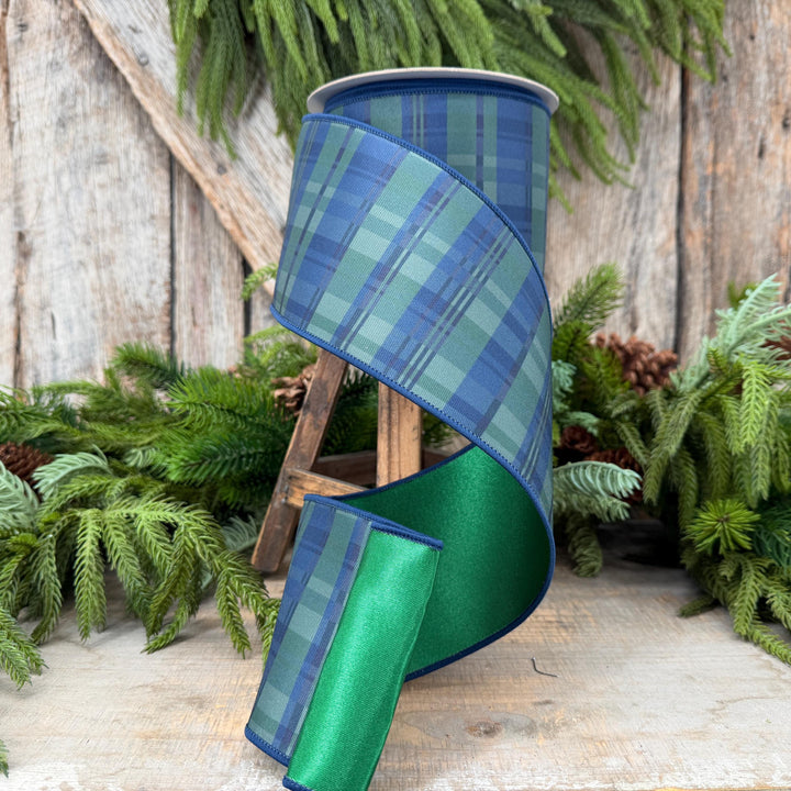 4" Blue Green Christmas Plaid Ribbon, Black Watch Plaid Ribbon, Navy Blue Plaid