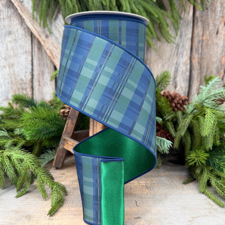 4" Blue Green Christmas Plaid Ribbon, Black Watch Plaid Ribbon, Navy Blue Plaid