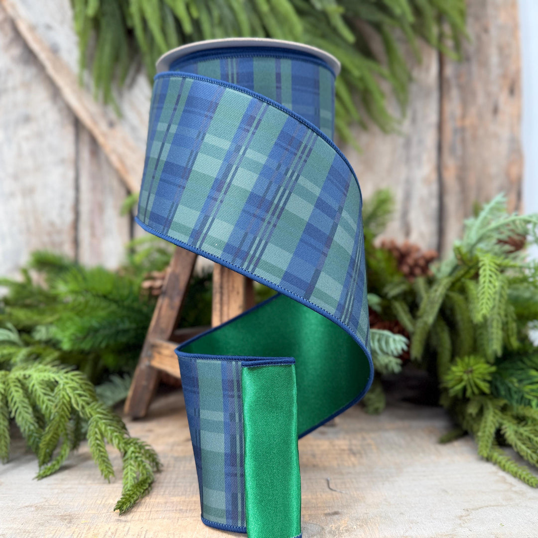 4" Blue Green Christmas Plaid Ribbon, Black Watch Plaid Ribbon, Navy Blue Plaid
