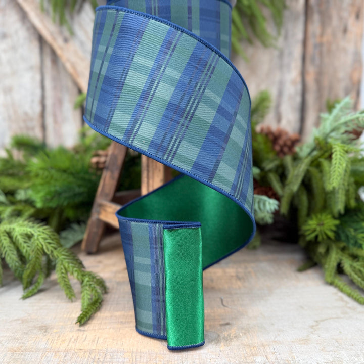 4" Blue Green Christmas Plaid Ribbon, Black Watch Plaid Ribbon, Navy Blue Plaid